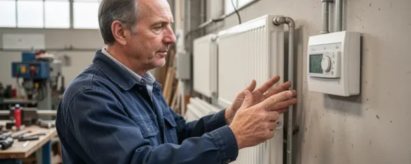 Artisan consultant programmateur chauffage électrique dans atelier professionnel triphasé
