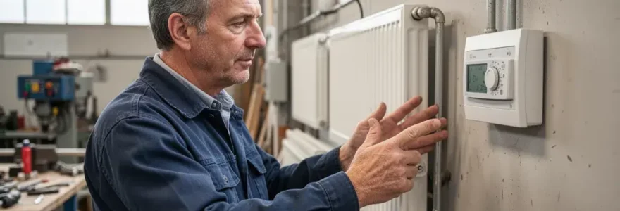 Artisan consultant programmateur chauffage électrique dans atelier professionnel triphasé