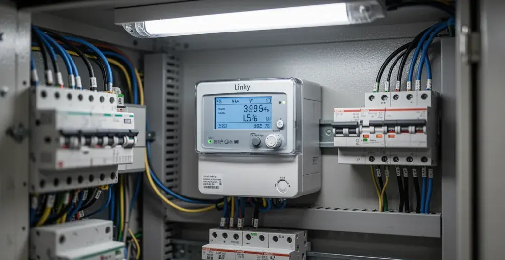 Compteur Linky triphasé professionnel affichant consommation dans armoire électrique