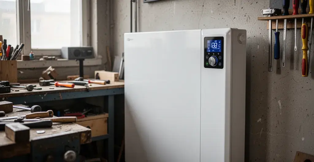 Radiateur électrique à inertie avec programmateur digital dans atelier professionnel