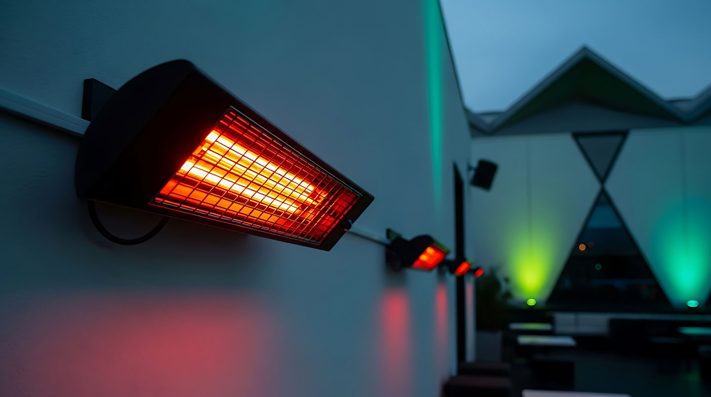 Gros plan d'un radiateur infrarouge extra-plat noir mat fixé au plafond blanc, finition contemporaine avec discret voyant LED bleu, tout net en profondeur de champ