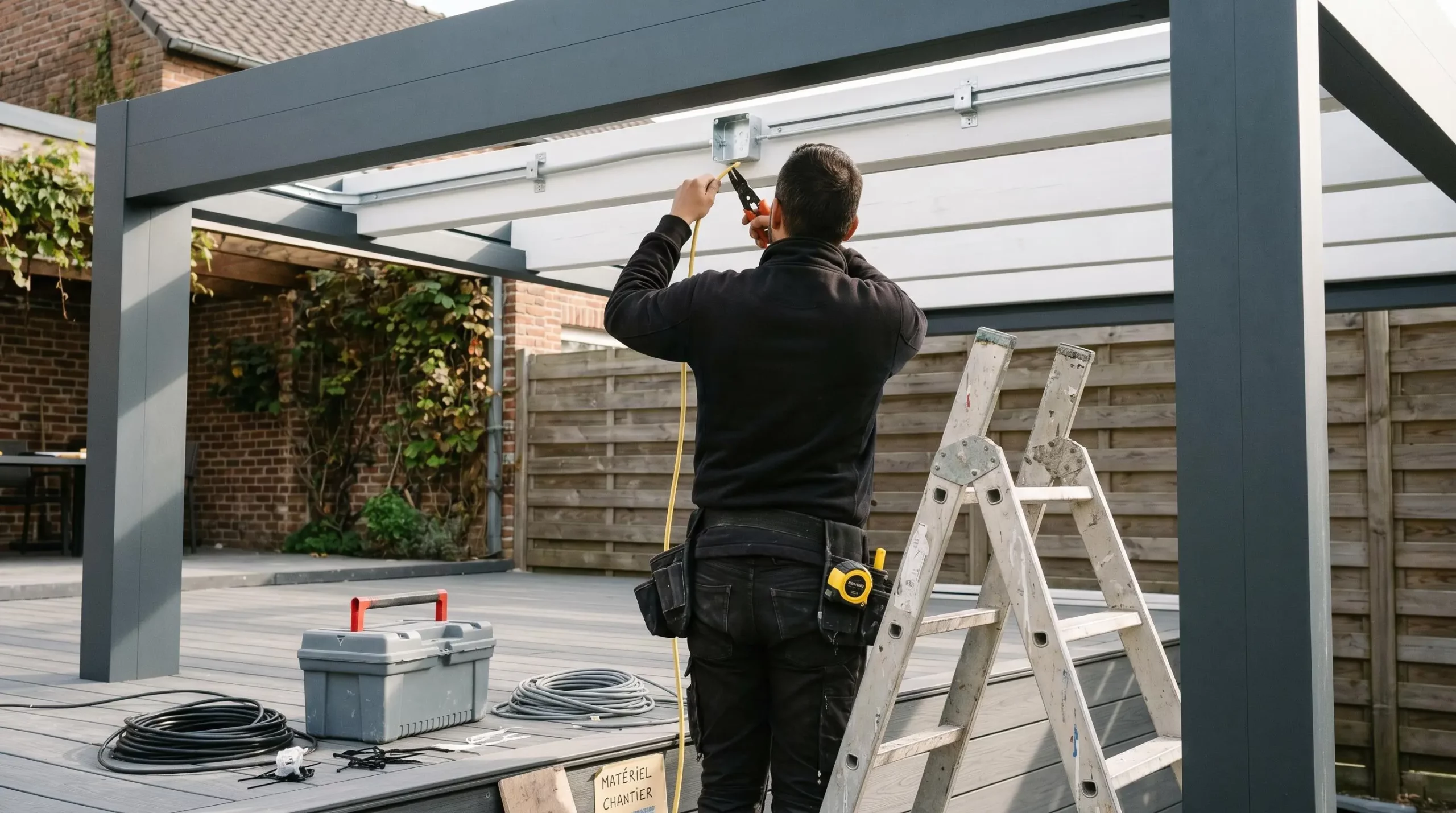 Électricien de dos installant câblage et support de fixation pour chauffage sous pergola moderne, intervention professionnelle