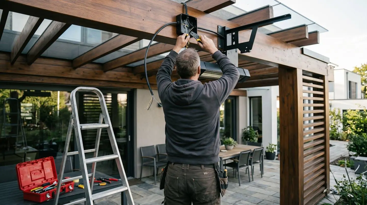 Électricien de dos installant câblage et support de fixation pour chauffage sous pergola moderne, intervention professionnelle
