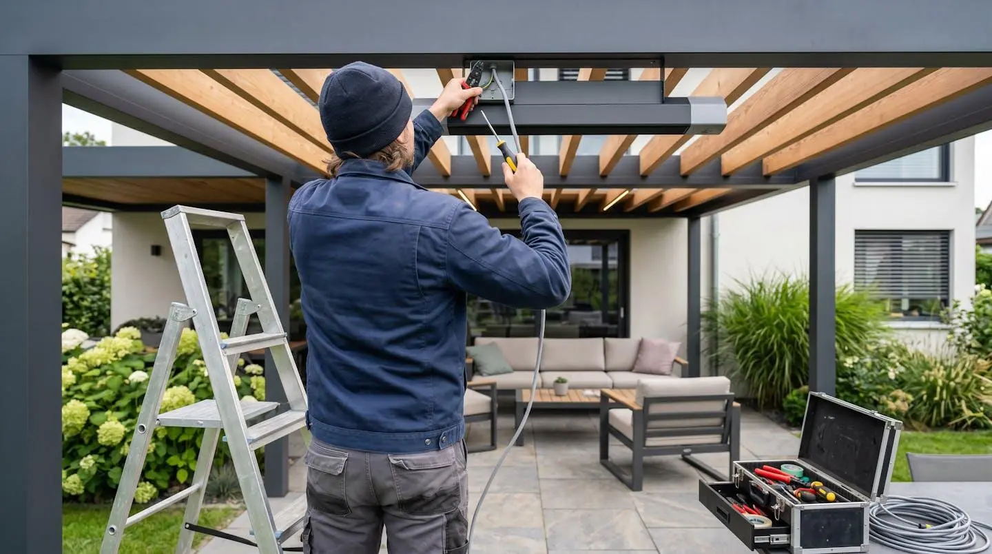 Électricien de dos installant câblage et support de fixation pour chauffage sous pergola moderne, intervention professionnelle