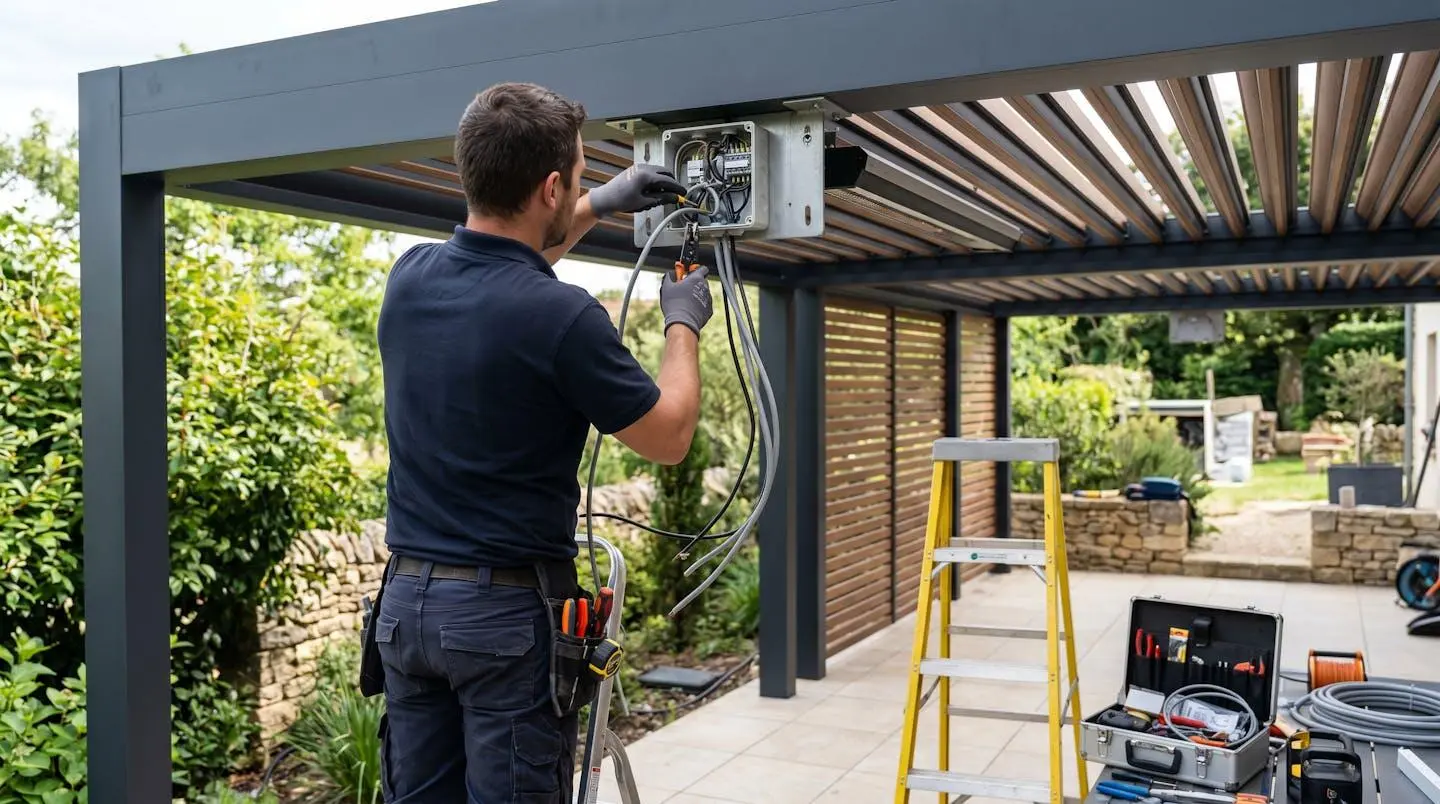 Électricien de dos installant câblage et support de fixation pour chauffage sous pergola moderne, intervention professionnelle