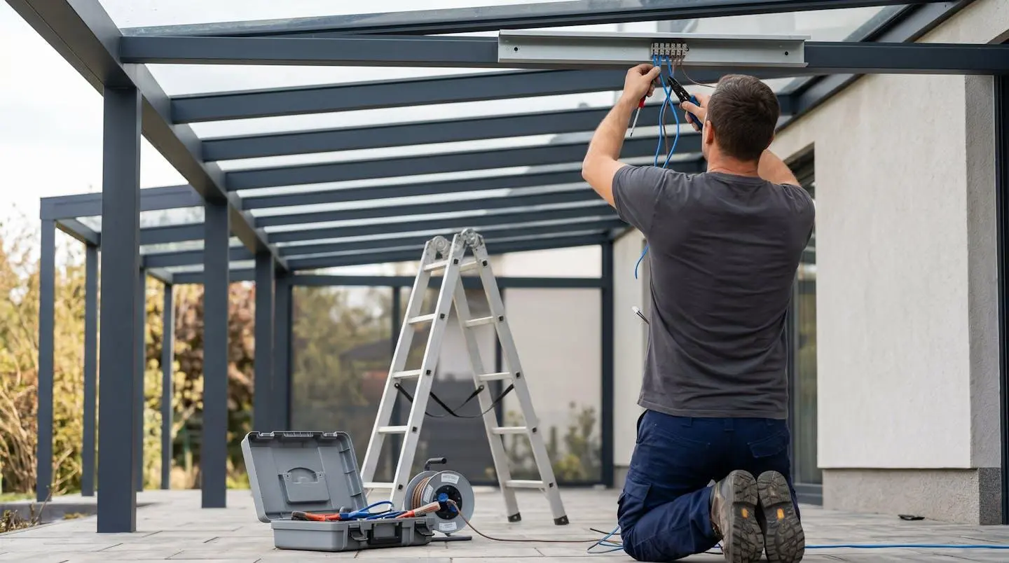 Électricien de dos installant câblage et support de fixation pour chauffage sous pergola moderne, intervention professionnelle