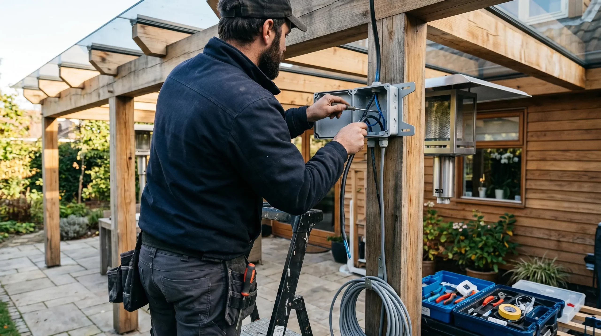 Électricien de dos installant câblage et support de fixation pour chauffage sous pergola moderne, intervention professionnelle