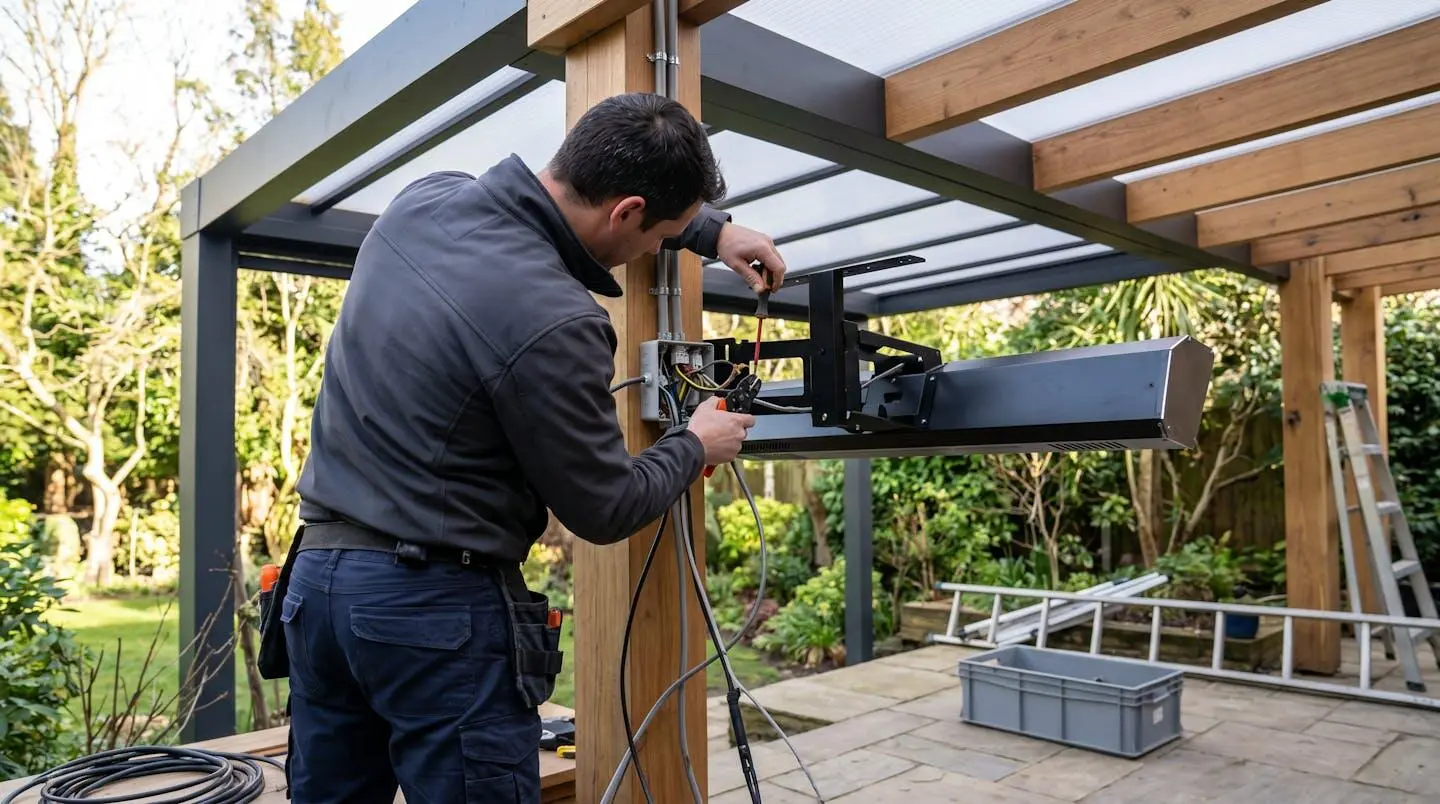 Électricien de dos installant câblage et support de fixation pour chauffage sous pergola moderne, intervention professionnelle