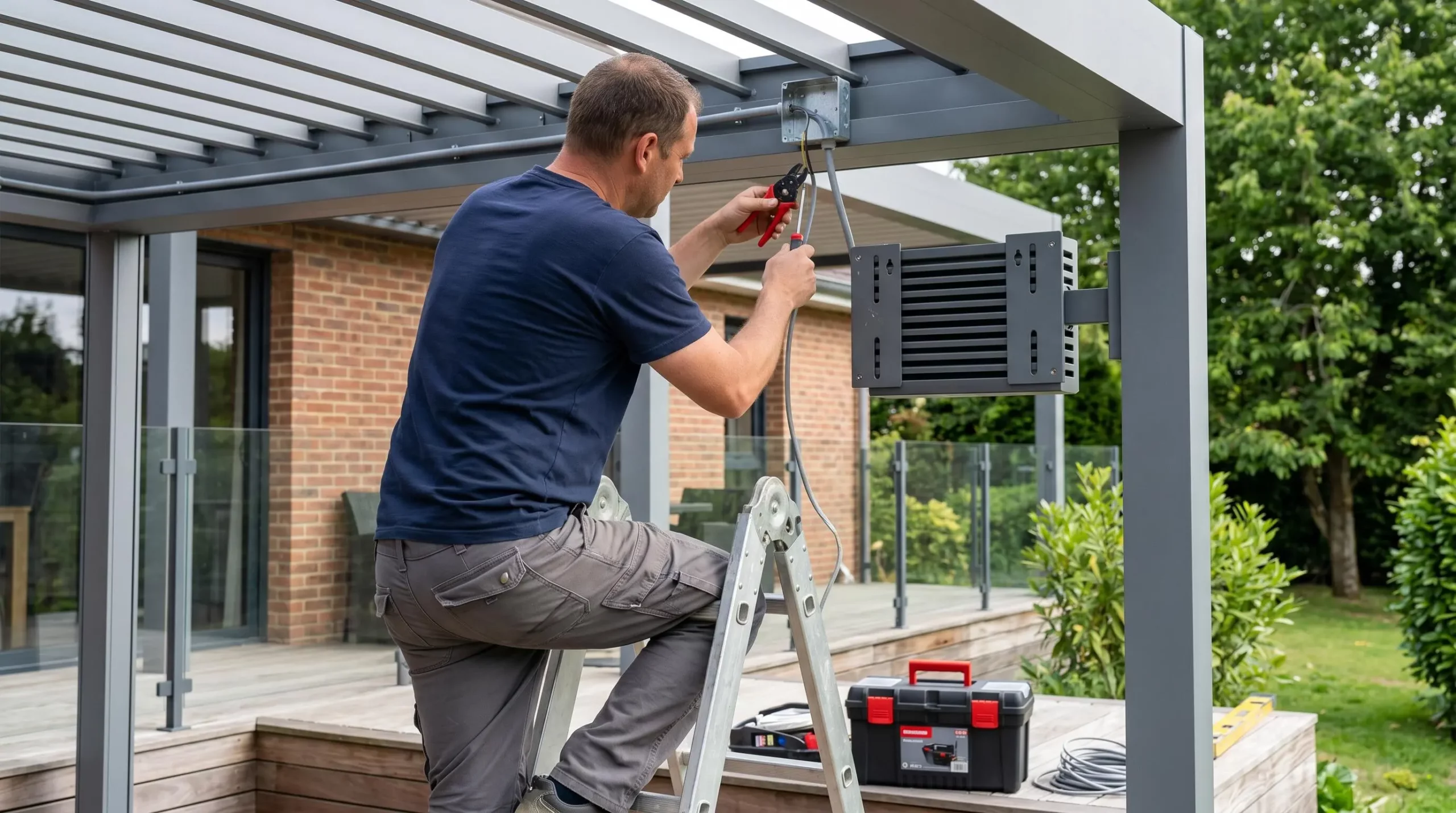 Électricien de dos installant câblage et support de fixation pour chauffage sous pergola moderne, intervention professionnelle