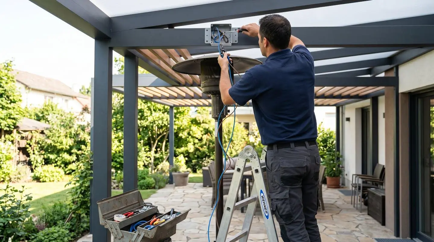 Électricien de dos installant câblage et support de fixation pour chauffage sous pergola moderne, intervention professionnelle
