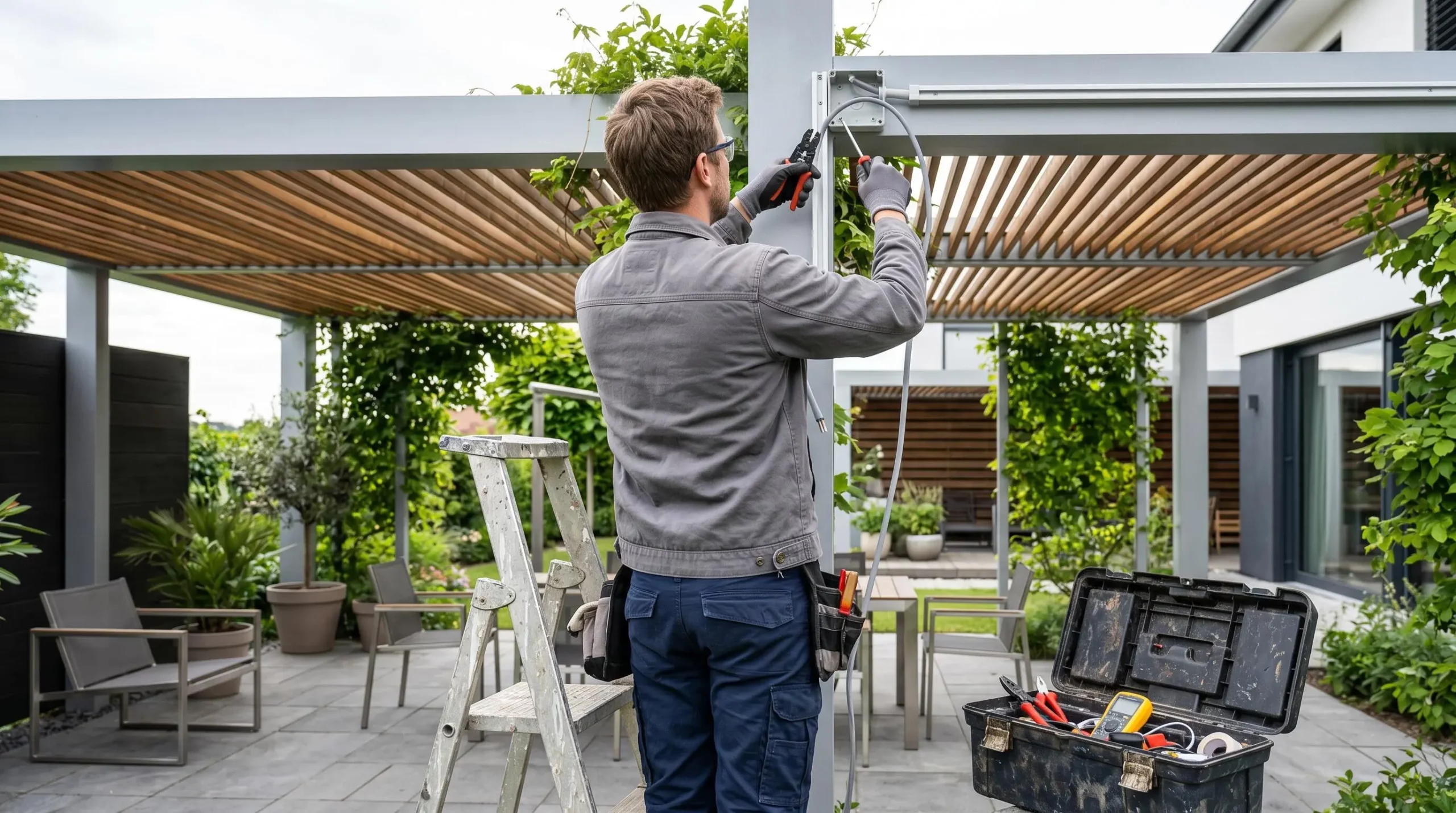 Électricien de dos installant câblage et support de fixation pour chauffage sous pergola moderne, intervention professionnelle