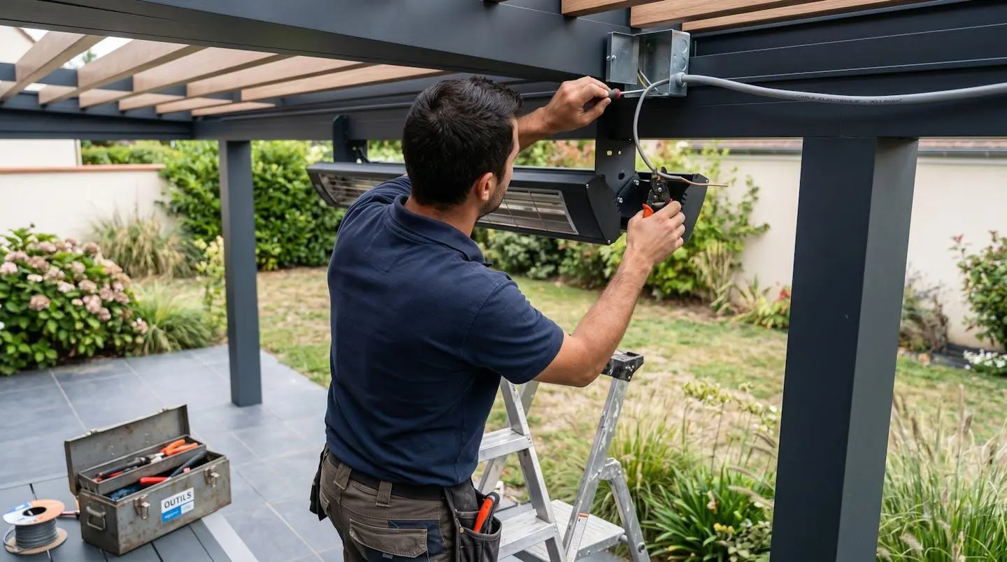 Électricien de dos installant câblage et support de fixation pour chauffage sous pergola moderne, intervention professionnelle