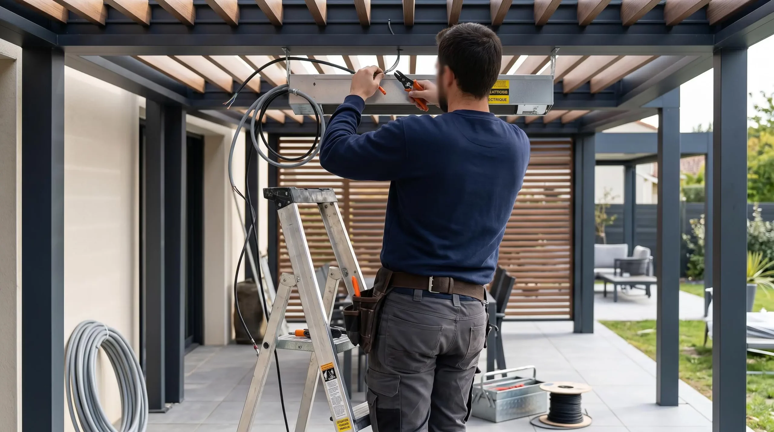 Électricien de dos installant câblage et support de fixation pour chauffage sous pergola moderne, intervention professionnelle