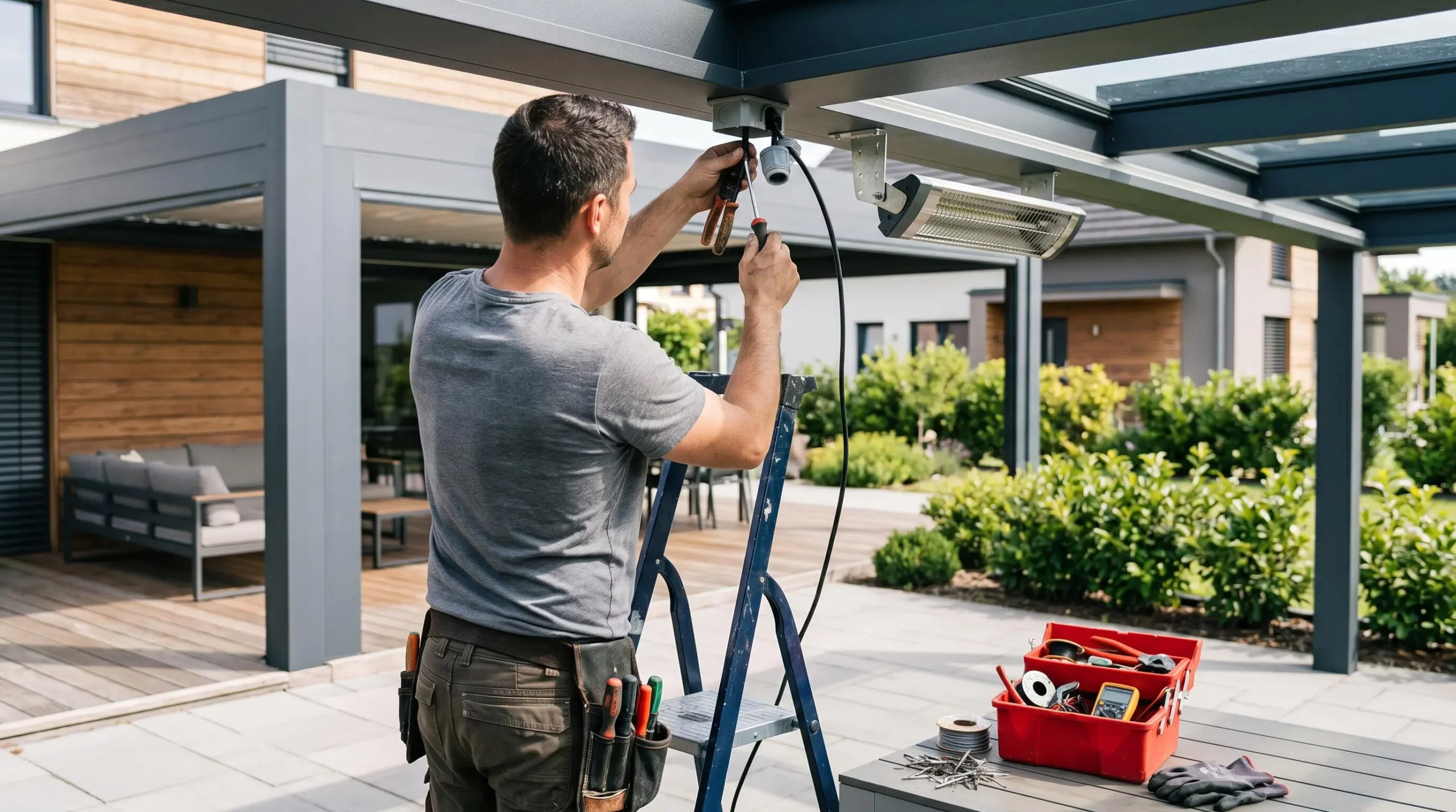 Électricien de dos installant câblage et support de fixation pour chauffage sous pergola moderne, intervention professionnelle