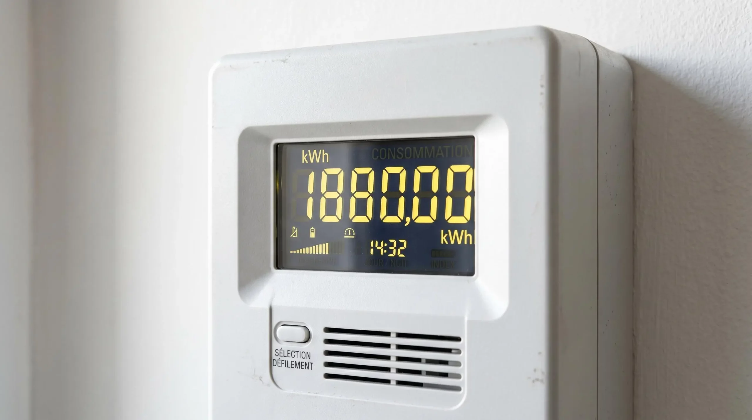 Gros plan d'un affichage numérique de compteur électrique montrant des chiffres de consommation en kilowattheures, tout net, contexte domestique français moderne