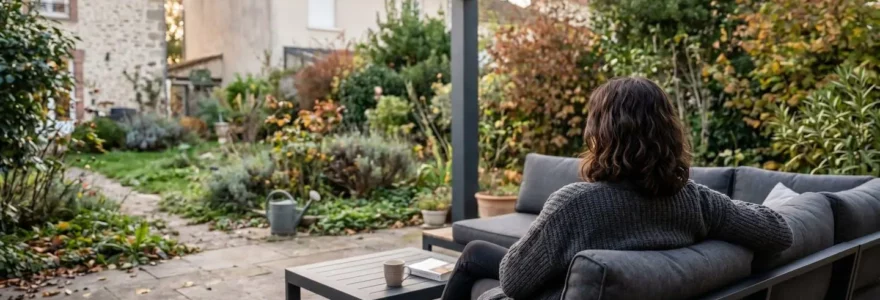 Personne assise de dos sur une terrasse couverte par une pergola en fin d'après-midi d'automne, mobilier de jardin contemporain, éclairage ambiant chaud