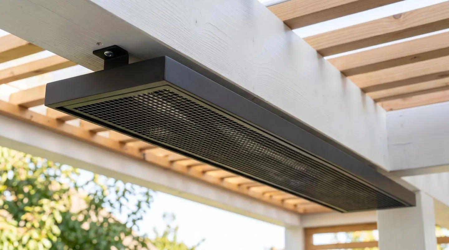 Radiateur infrarouge extra-plat noir mat installé sous plafond de pergola blanche, design discret et finition aluminium