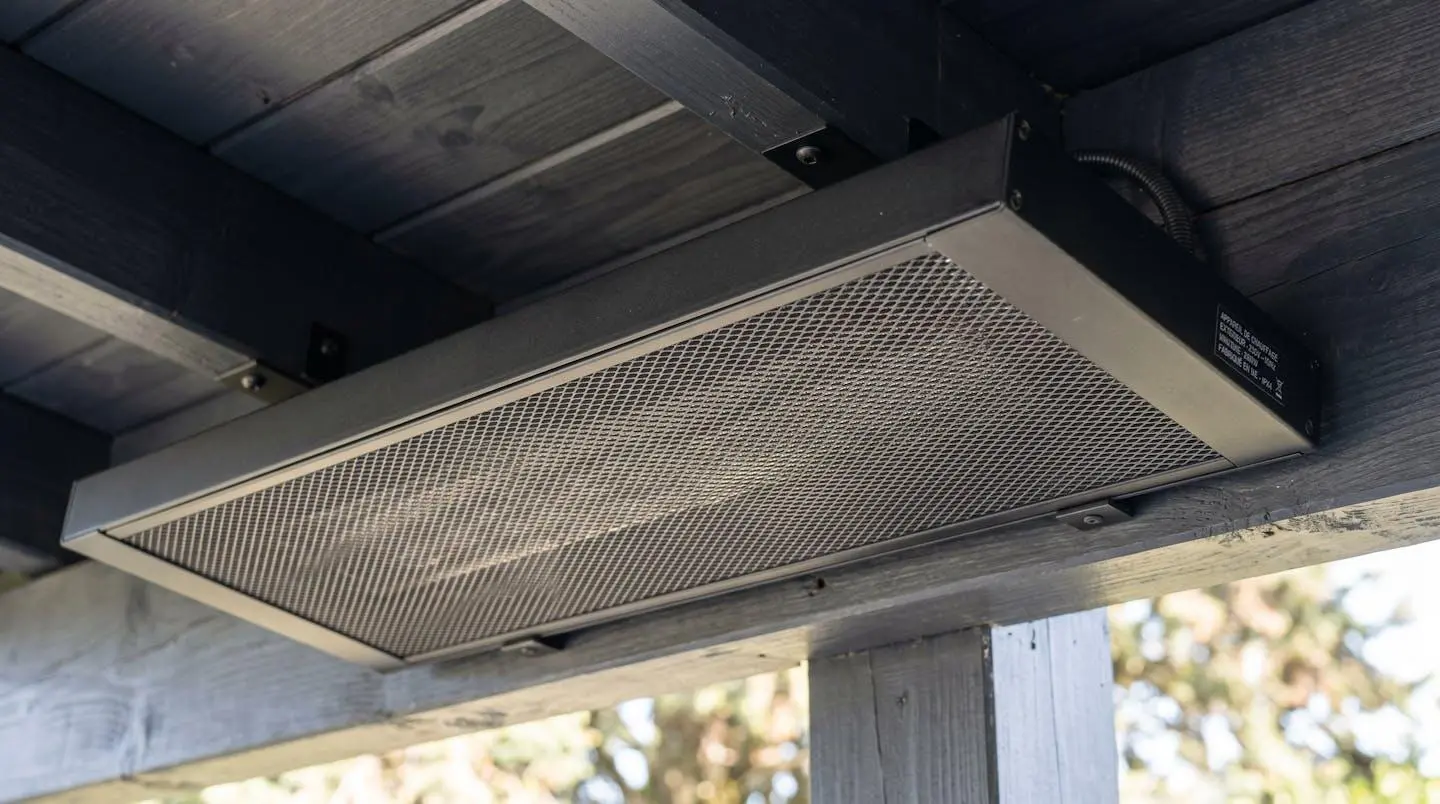 Radiateur infrarouge extra-plat noir mat installé sous plafond de pergola blanche, design discret et finition aluminium