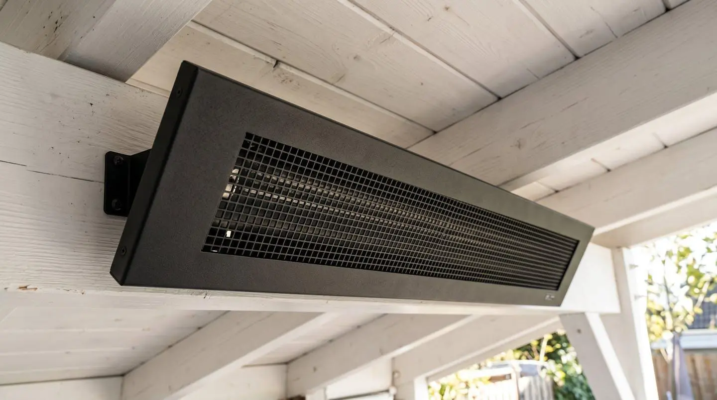 Radiateur infrarouge extra-plat noir mat installé sous plafond de pergola blanche, design discret et finition aluminium
