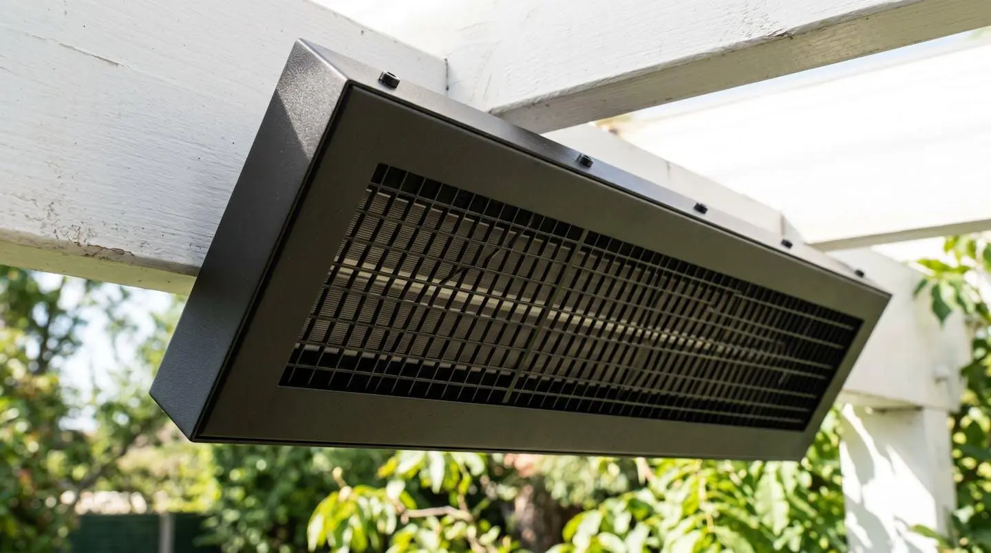 Radiateur infrarouge extra-plat noir mat installé sous plafond de pergola blanche, design discret et finition aluminium