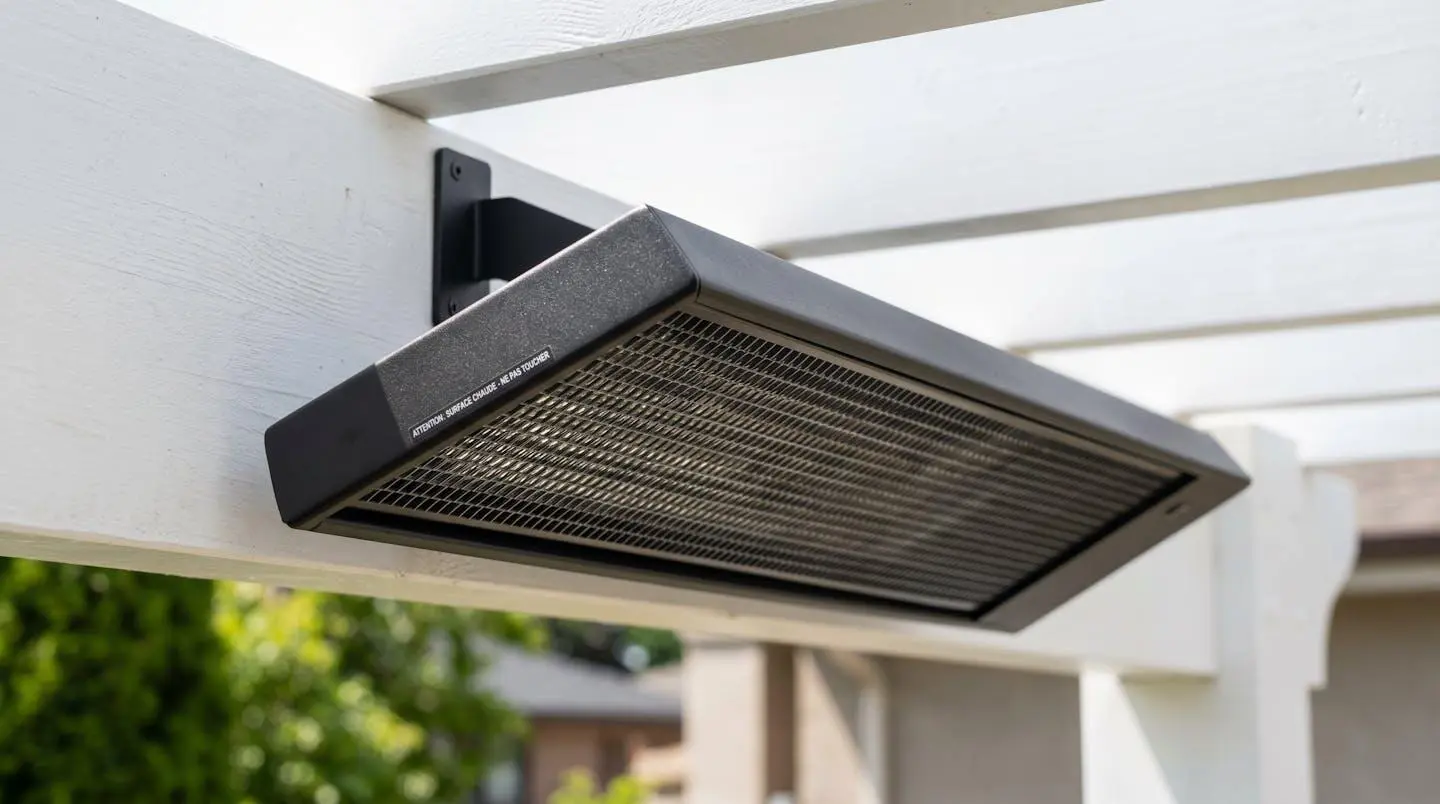 Radiateur infrarouge extra-plat noir mat installé sous plafond de pergola blanche, design discret et finition aluminium