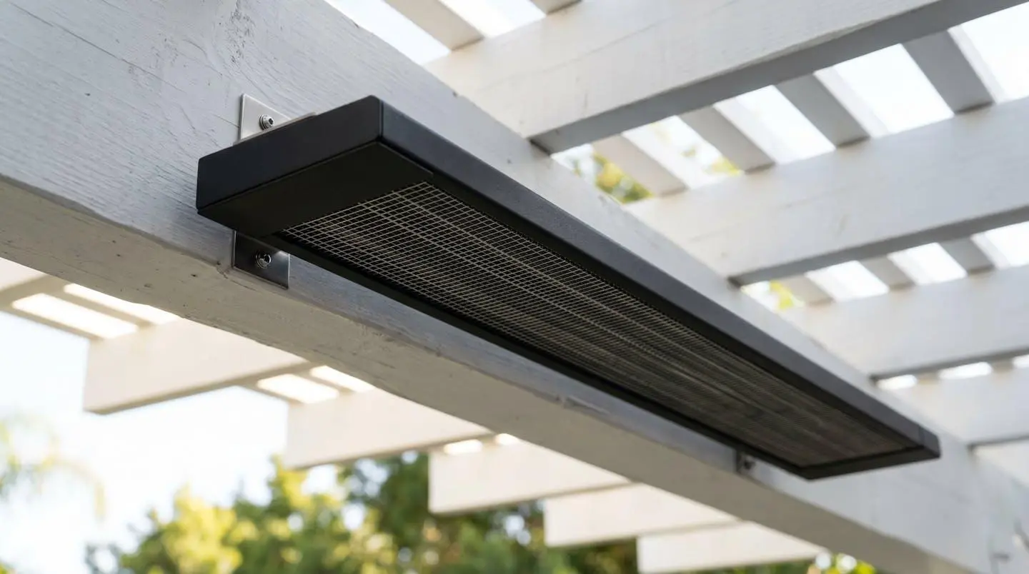 Radiateur infrarouge extra-plat noir mat installé sous plafond de pergola blanche, design discret et finition aluminium
