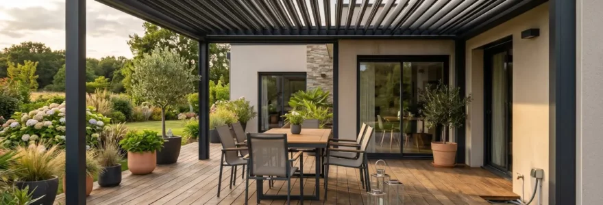 Terrasse couverte moderne de 20 m² avec pergola aluminium, mobilier extérieur et plantes en pots, sans présence humaine