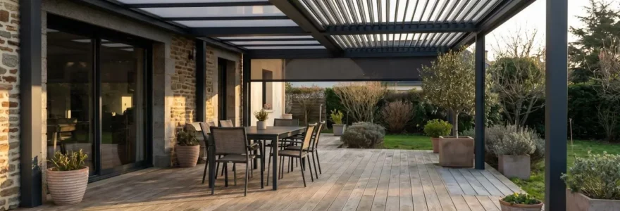 Terrasse couverte moderne de 20 m² avec pergola aluminium, mobilier extérieur et plantes en pots, sans présence humaine