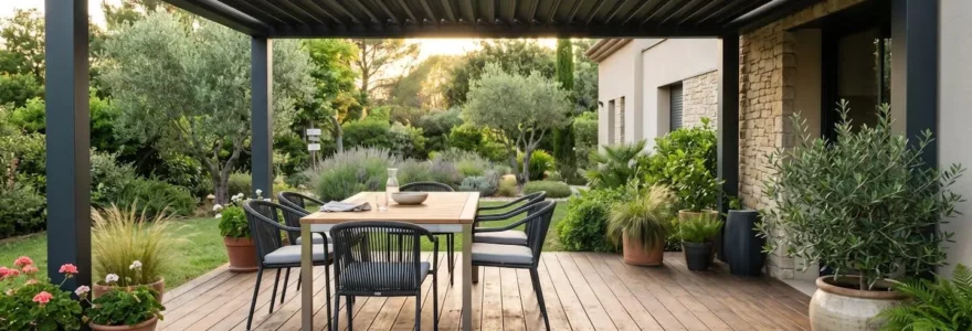 Terrasse couverte moderne de 20 m² avec pergola aluminium, mobilier extérieur et plantes en pots, sans présence humaine