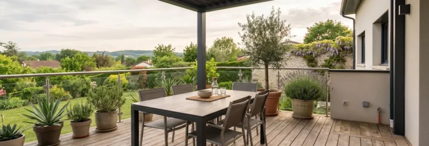 Terrasse couverte moderne de 20 m² avec pergola aluminium, mobilier extérieur et plantes en pots, sans présence humaine