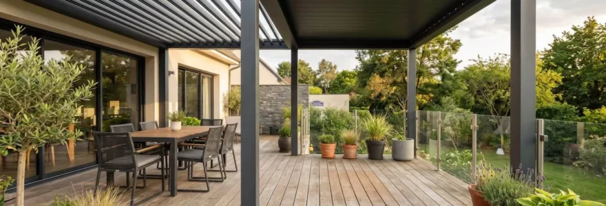 Terrasse couverte moderne de 20 m² avec pergola aluminium, mobilier extérieur et plantes en pots, sans présence humaine