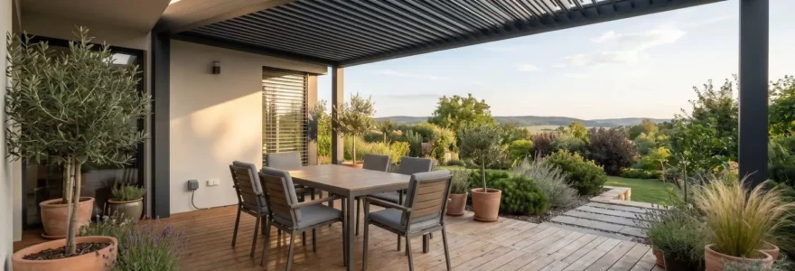 Terrasse couverte moderne de 20 m² avec pergola aluminium, mobilier extérieur et plantes en pots, sans présence humaine