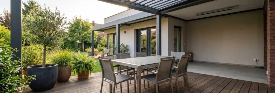 Terrasse couverte moderne de 20 m² avec pergola aluminium, mobilier extérieur et plantes en pots, sans présence humaine