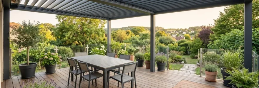 Terrasse couverte moderne de 20 m² avec pergola aluminium, mobilier extérieur et plantes en pots, sans présence humaine