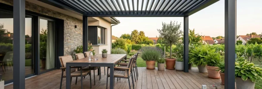 Terrasse couverte moderne de 20 m² avec pergola aluminium, mobilier extérieur et plantes en pots, sans présence humaine