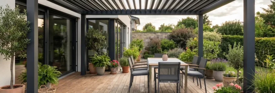 Terrasse couverte moderne de 20 m² avec pergola aluminium, mobilier extérieur et plantes en pots, sans présence humaine