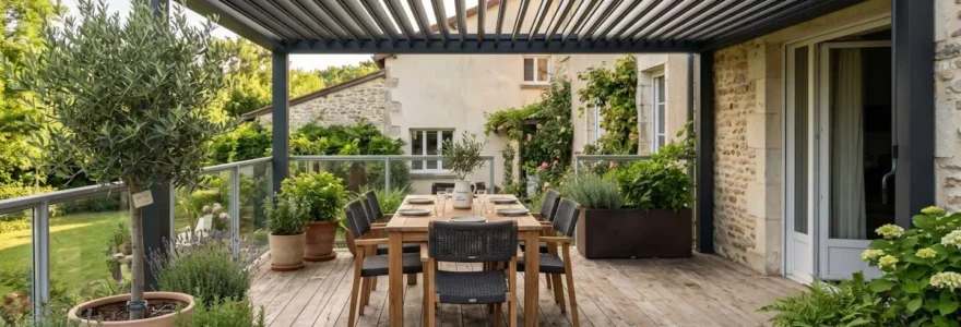 Terrasse couverte moderne de 20 m² avec pergola aluminium, mobilier extérieur et plantes en pots, sans présence humaine