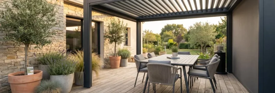 Terrasse couverte moderne de 20 m² avec pergola aluminium, mobilier extérieur et plantes en pots, sans présence humaine