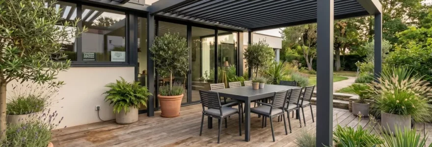 Terrasse couverte moderne de 20 m² avec pergola aluminium, mobilier extérieur et plantes en pots, sans présence humaine
